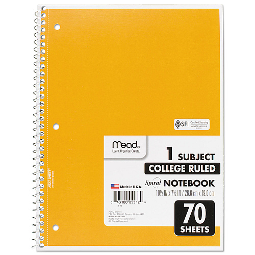 Mead Spiral Notebook, 3-Hole Punched, 1-Subject, Medium/College Rule, Randomly Assorted Cover Color, (70) 10.5 x 7.5 Sheets (05512)