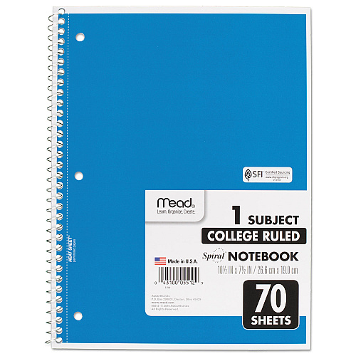 Mead Spiral Notebook, 3-Hole Punched, 1-Subject, Medium/College Rule, Randomly Assorted Cover Color, (70) 10.5 x 7.5 Sheets (05512)