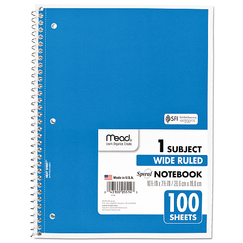 Mead Spiral Notebook, 3-Hole Punched, 1-Subject, Wide/Legal Rule, Randomly Assorted Cover Color, (100) 10.5 x 7.5 Sheets (05514)