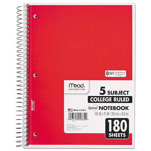 Mead Spiral Notebook, 5-Subject, Medium/College Rule, Randomly Assorted Cover Color, (180) 10.5 x 8 Sheets (05682)