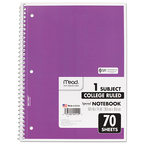 Mead Spiral Notebook, 3-Hole Punched, 1-Subject, Medium/College Rule, Randomly Assorted Cover Color, (70) 10.5 x 7.5 Sheets (05512)