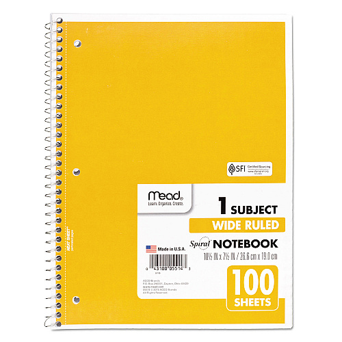 Mead Spiral Notebook, 3-Hole Punched, 1-Subject, Wide/Legal Rule, Randomly Assorted Cover Color, (100) 10.5 x 7.5 Sheets (05514)