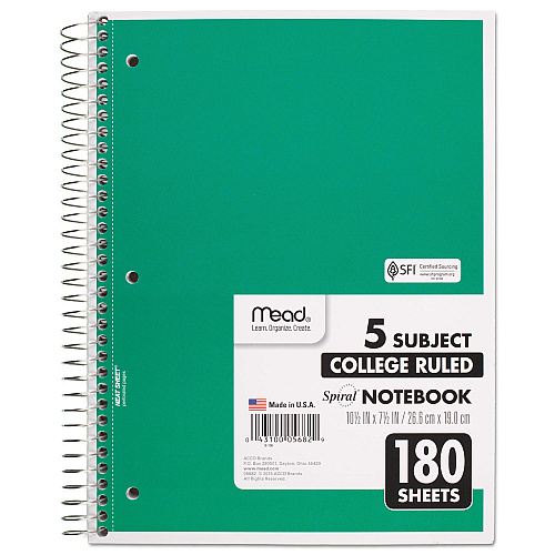 Mead Spiral Notebook, 5-Subject, Medium/College Rule, Randomly Assorted Cover Color, (180) 10.5 x 8 Sheets (05682)