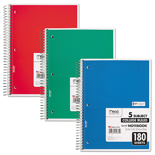 Mead Spiral Notebook, 5-Subject, Medium/College Rule, Randomly Assorted Cover Color, (180) 10.5 x 8 Sheets (05682)
