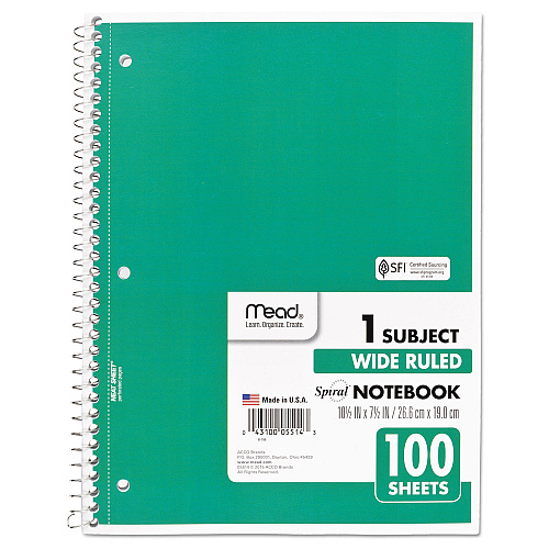 Mead Spiral Notebook, 3-Hole Punched, 1-Subject, Wide/Legal Rule, Randomly Assorted Cover Color, (100) 10.5 x 7.5 Sheets (05514)