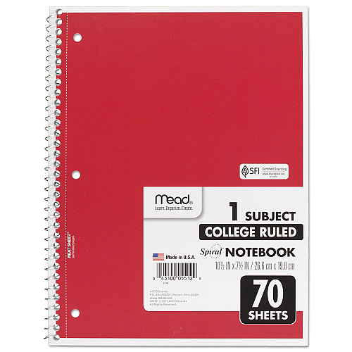 Mead Spiral Notebook, 3-Hole Punched, 1-Subject, Medium/College Rule, Randomly Assorted Cover Color, (70) 10.5 x 7.5 Sheets (05512)