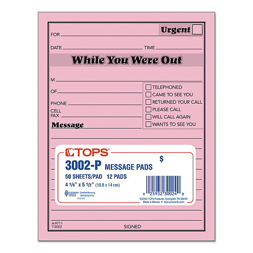 TOPS Pink Message Pad, One-Part (No Copies), 4.25 x 5.5, 50 Forms/Pad, 12 Pads/Pack (3002P)