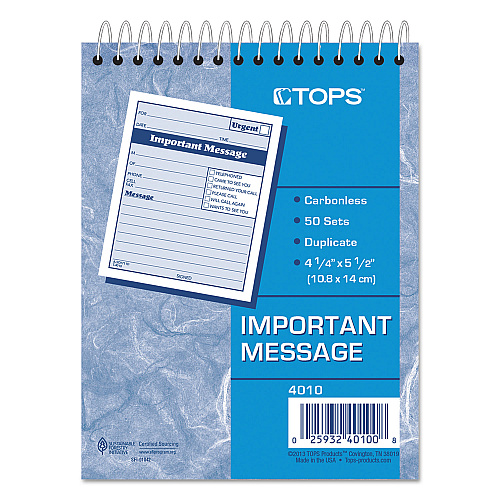 TOPS Telephone Message Book with Fax/Mobile Section, Two-Part Carbonless, 4.25 x 5.5, 50 Forms Total (4010)