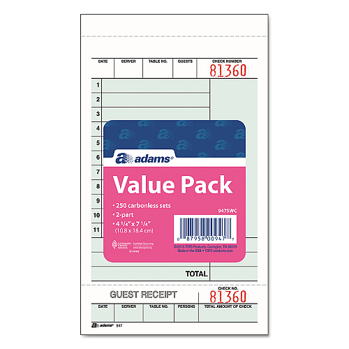 Adams Guest Check Unit Set, Two-Part Carbonless, 6.75 x 4.25, 50 Forms/Pad, 5 Pads/Pack (947SWC)