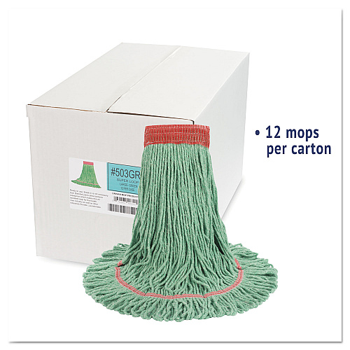 Boardwalk Super Loop Wet Mop Head, Cotton/Synthetic Fiber, 5" Headband, Large Size, Green, 12/Carton (BWK503GNCT)