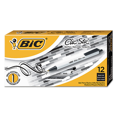BIC Clic Stic Ballpoint Pen Value Pack, Retractable, Medium 1 mm, Black Ink, White Barrel, 24/Pack (CSM241BK)