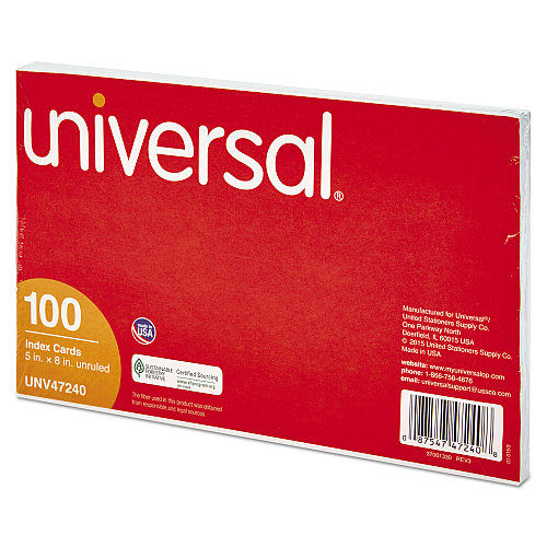 Universal Unruled Index Cards, 5 x 8, White, 100/Pack (UNV47240)