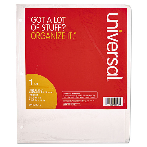 Universal Deluxe Write-On/Erasable Tab Index, 5-Tab, 11 x 8.5, White, White Tabs, 1 Set (UNV20815)