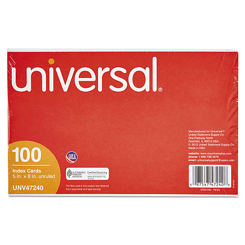 Universal Unruled Index Cards, 5 x 8, White, 100/Pack (UNV47240)
