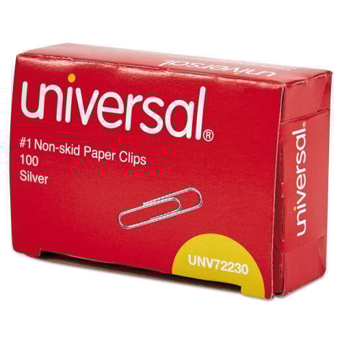 Universal Paper Clips, 1, Nonskid, Silver, 100 Clips/Box, 10 Boxes/Pack (72230)