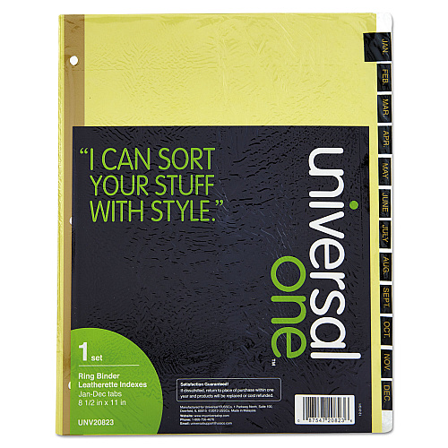Universal Deluxe Preprinted Simulated Leather Tab Dividers with Gold Printing, 12-Tab, Jan. to Dec., 11 x 8.5, Buff, 1 Set (UNV20823)