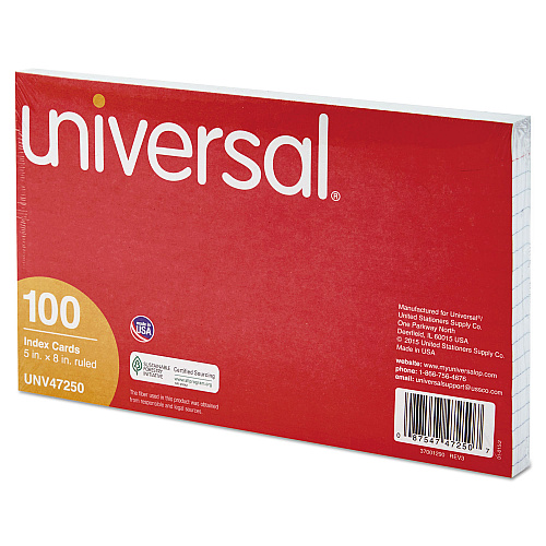 Universal Ruled Index Cards, 5 x 8, White, 100/Pack (UNV47250)
