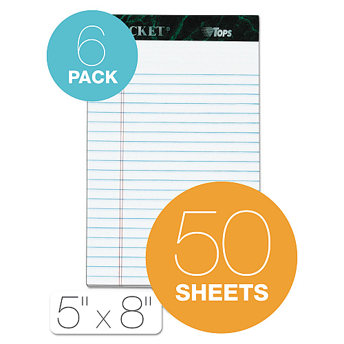 TOPS Docket Ruled Perforated Pads, Narrow Rule, 50 White 5 x 8 Sheets, 6/Pack (63366)