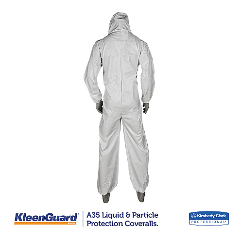 KleenGuard A35 Liquid and Particle Protection Coveralls, Zipper Front, Hooded, Elastic Wrists and Ankles, Large, White, 25/Carton (38938)