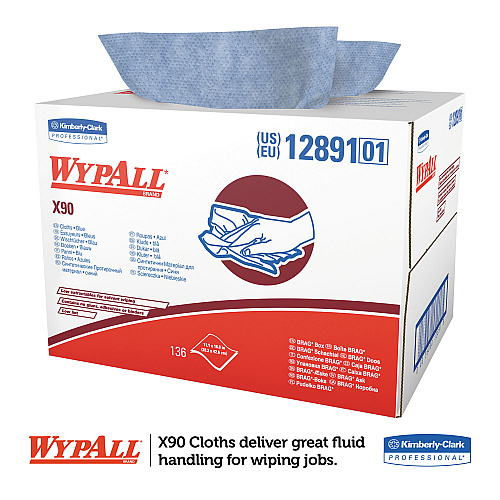 WypAll X90 Cloths, BRAG Box, 2-Ply, 11.1 x 16.8, Denim Blue, 136/Carton (12891)