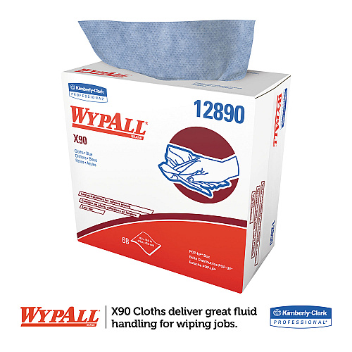 WypAll X90 Cloths, POP-UP Box, 2-Ply, 8.3 x 16.8, Denim Blue, 68/Box, 5 Boxes/Carton (12890)