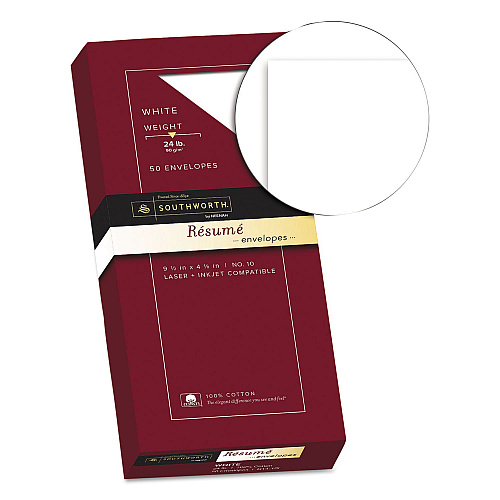 Southworth 100% Cotton Resume Envelope, #10, Commercial Flap, Gummed Closure, 4.13 x 9.5, White, 50/Box (R1410L)