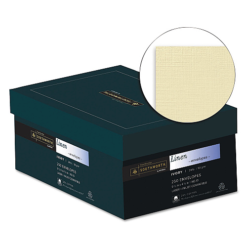 Southworth 25% Cotton Linen #10 Envelope, Commercial Flap, Gummed Closure, 4.13 x 9.5, Ivory, 250/Box (J56410)