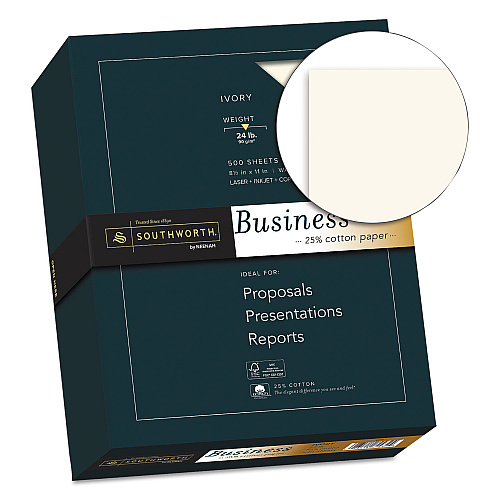 Southworth 25% Cotton Business Paper, 95 Bright, 24 lb Bond Weight, 8.5 x 11, Ivory, 500 Sheets/Ream (404IC)