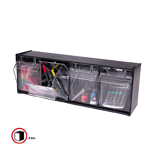 Deflecto Tilt Bin Interlocking Multi-Bin Storage Organizer, 4 Sections, 23.63" x 6.63" x 8.13", Black/Clear (20404OP)