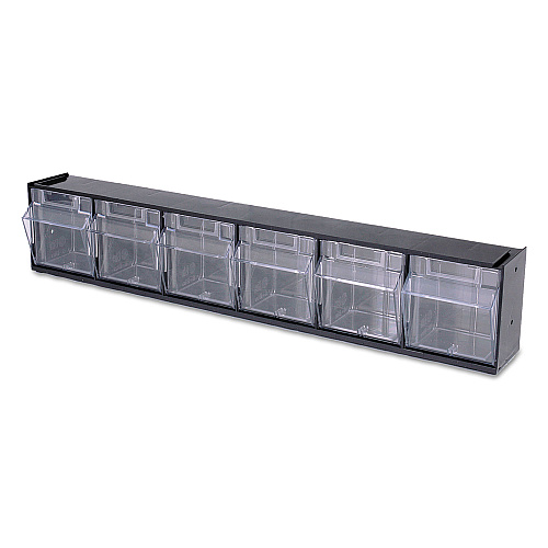 Deflecto Tilt Bin Interlocking Multi-Bin Storage Organizer, 6 Sections, 23.63" x 3.63" x 4.5", Black/Clear (20604OP)