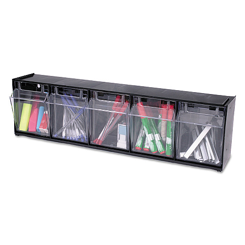 Deflecto Tilt Bin Interlocking Multi-Bin Storage Organizer, 5 Sections, 23.63" x 5.25" x 6.5", Black/Clear (20504OP)