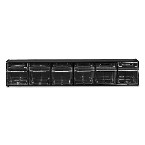 Deflecto Tilt Bin Interlocking Multi-Bin Storage Organizer, 6 Sections, 23.63" x 3.63" x 4.5", Black/Clear (20604OP)