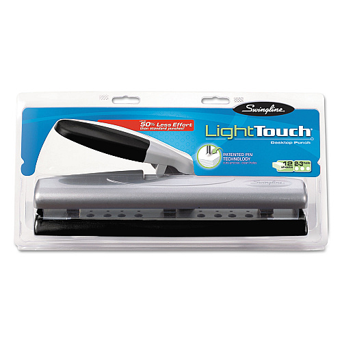 Swingline 12-Sheet LightTouch Desktop Two- to Three-Hole Punch, 9/32" Holes, Black/Silver (74026)