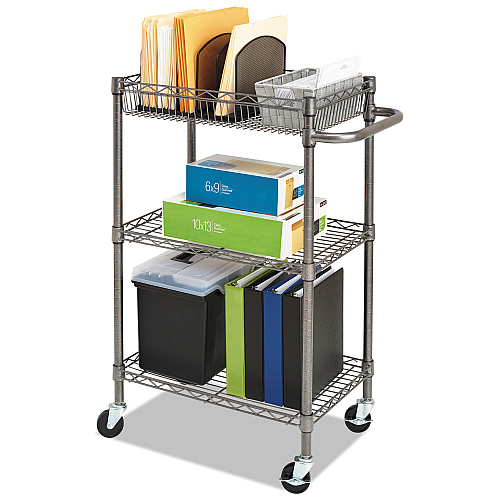 Alera Three-Tier Wire Cart with Basket, Metal, 2 Shelves, 1 Bin, 500 lb Capacity, 28" x 16" x 39", Black Anthracite (ALESW342416BA)