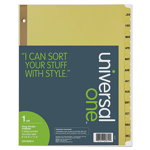Universal Deluxe Preprinted Plastic Coated Tab Dividers with Black Printing, 12-Tab, Jan. to Dec., 11 x 8.5, Buff, 1 Set (UNV20814)