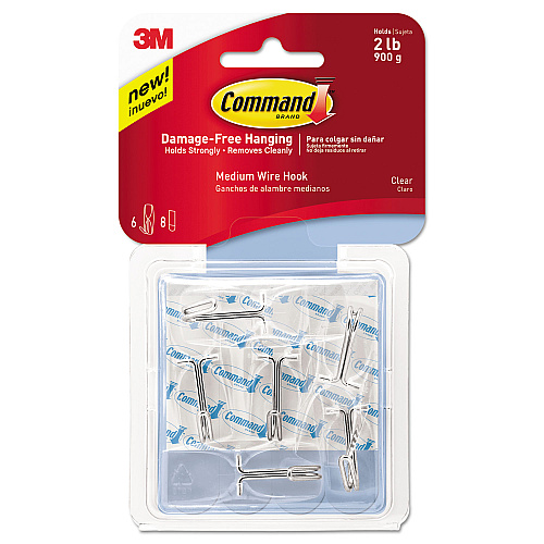 Command Clear Hooks and Strips, Medium, Plastic, 2 lb Capacity, 6 Hooks and 8 Strips/Pack (17065CLRVPES)