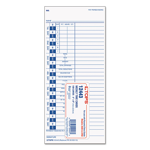 TOPS Time Clock Cards, Replacement for 35100-10, One Side, 4 x 9, 100/Pack (12443)