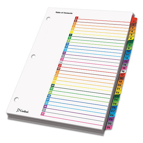 Cardinal OneStep Printable Table of Contents and Dividers, 31-Tab, 1 to 31, 11 x 8.5, White, Assorted Tabs, 1 Set (60118)