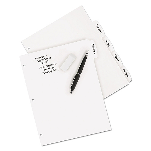 Avery Write and Erase Big Tab Durable Plastic Dividers, 3-Hole Punched, 5-Tab, 11 x 8.5, White, 1 Set (16370)