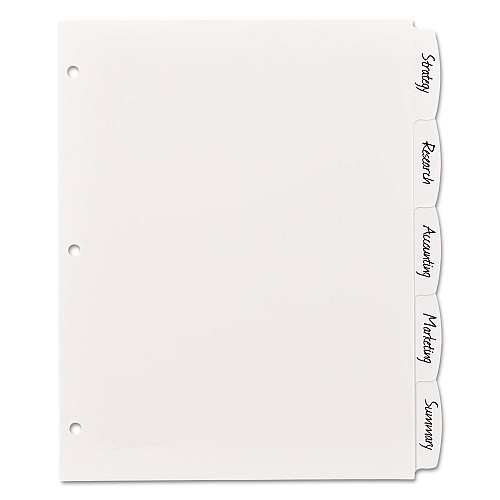 Avery Write and Erase Big Tab Durable Plastic Dividers, 3-Hole Punched, 5-Tab, 11 x 8.5, White, 1 Set (16370)