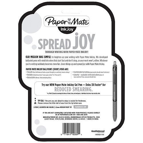 Paper Mate InkJoy 300 RT Ballpoint Pen Retractable, Medium 1 mm, Assorted Ink and Barrel Colors, 8/Pack (1945921)