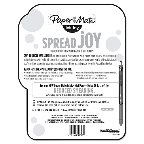 Paper Mate InkJoy 300 RT Ballpoint Pen, Refillable, Retractable, Medium 1 mm, Black Ink, Black Barrel, 24/Pack (1945925)