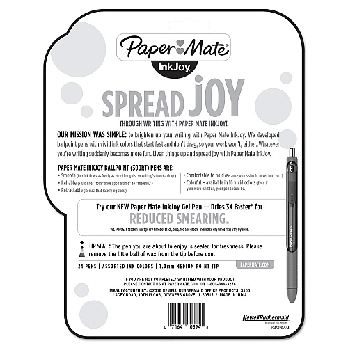 Paper Mate InkJoy 300 RT Ballpoint Pen Retractable, Medium 1 mm, Assorted Ink and Barrel Colors, 24/Pack (1945926)
