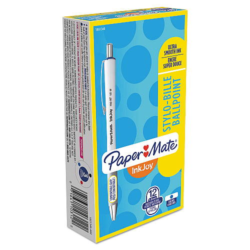 Paper Mate InkJoy 700 RT Ballpoint Pen, Retractable, Medium 1 mm, Blue Ink, White/Gray Barrel, Dozen (1951346)