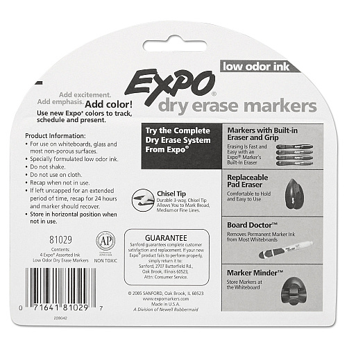 EXPO Low-Odor Dry-Erase Marker, Broad Chisel Tip, Assorted Pastel Colors, 4/Set (81029)