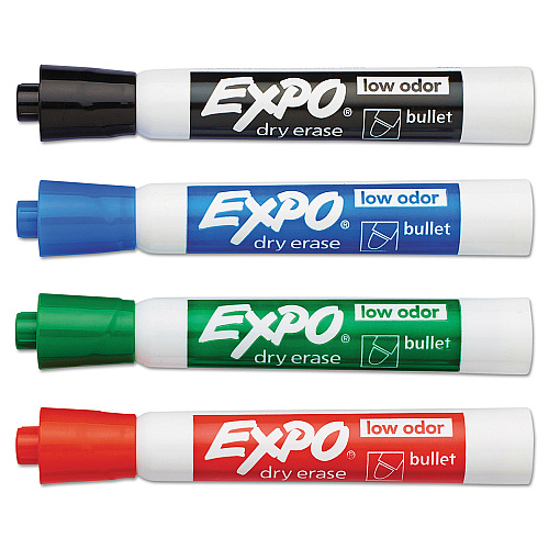 EXPO Low-Odor Dry-Erase Marker, Medium Bullet Tip, Assorted Colors, 4/Set (82074)
