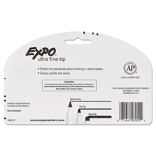 EXPO Low-Odor Dry-Erase Marker, Extra-Fine Bullet Tip, Black, 4/Pack (1871774)