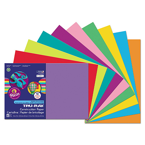 Pacon Tru-Ray Construction Paper, 76 lb Text Weight, 12 x 18, Assorted Bright Colors, 50/Pack (102941)