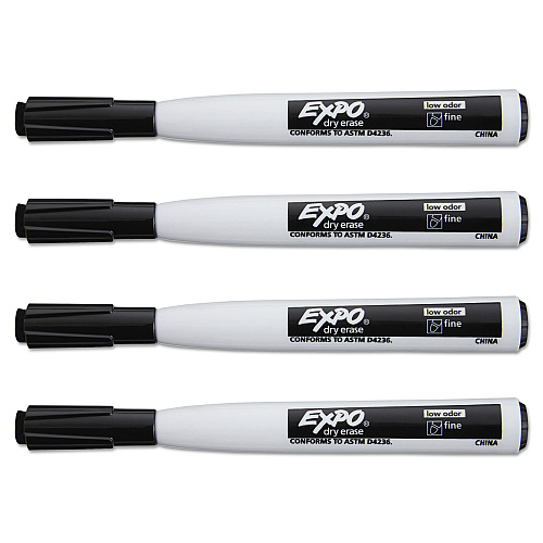EXPO Magnetic Dry Erase Marker, Fine Bullet Tip, Black, 4/Pack (1944745)