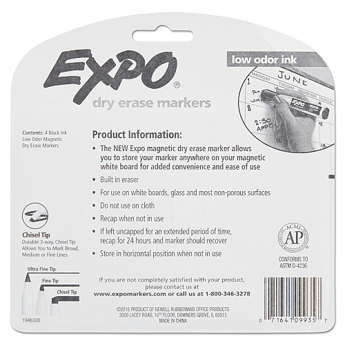 EXPO Magnetic Dry Erase Marker, Broad Chisel Tip, Black, 4/Pack (1944729)